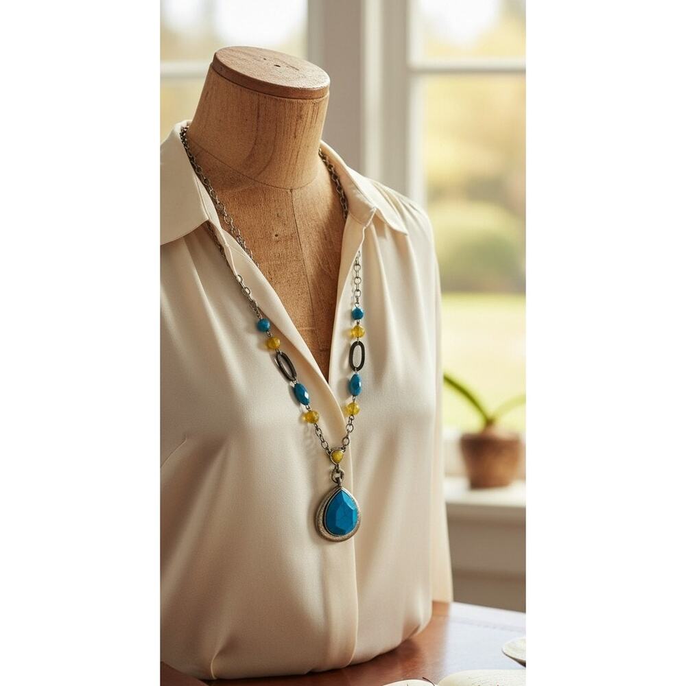 Lia Sophia Turquoise Teardrop Pendant Necklace Silver Tone Adjustable Chain 9.5"